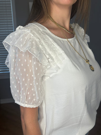 Mesh Polka Dot Puff Sleeve Top with Ruffle Trim Shoulder