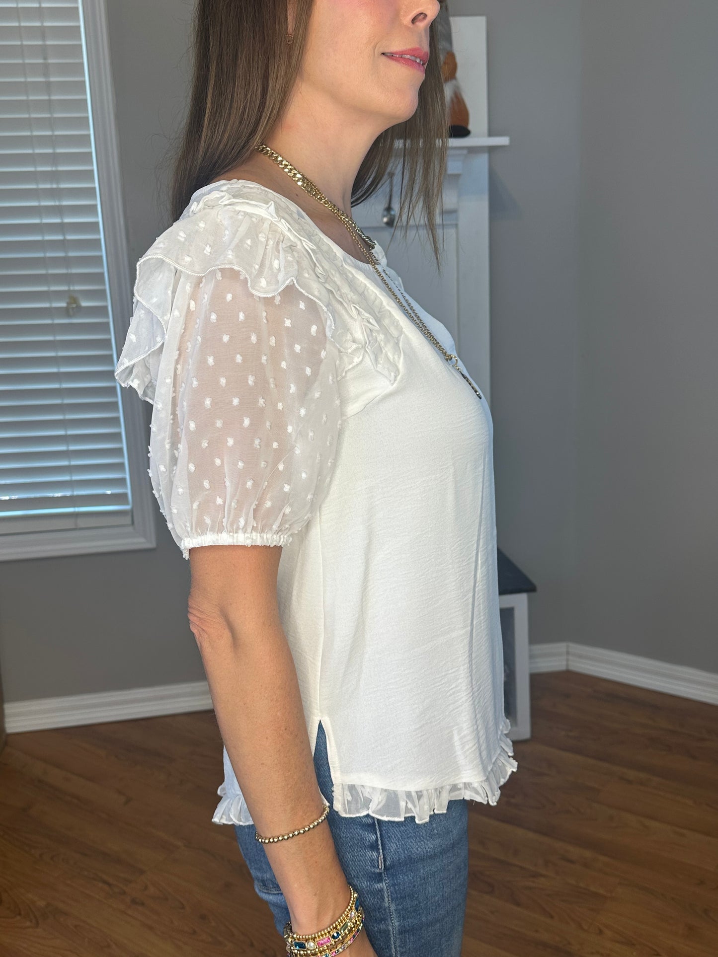 Mesh Polka Dot Puff Sleeve Top with Ruffle Trim Shoulder