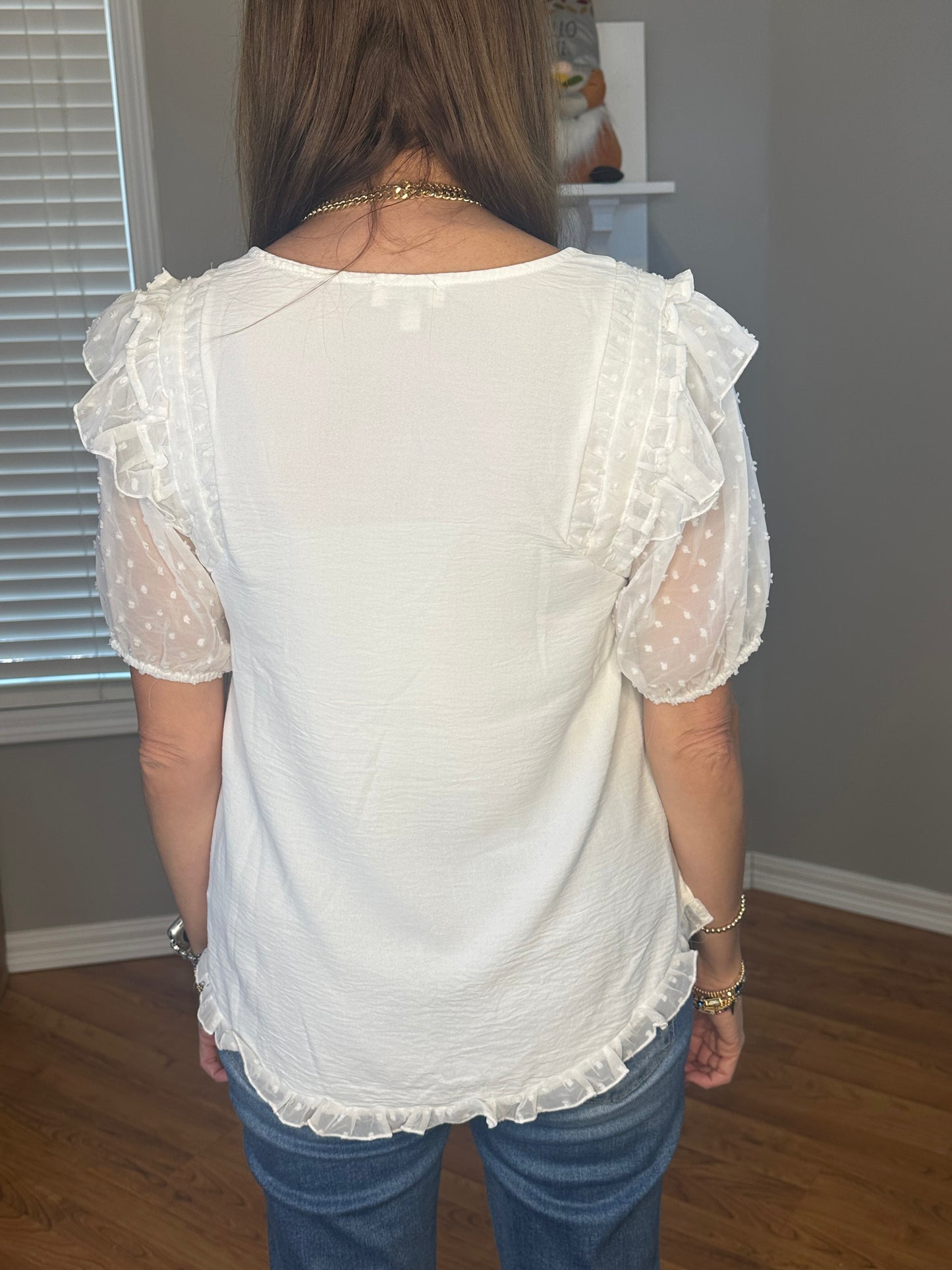 Mesh Polka Dot Puff Sleeve Top with Ruffle Trim Shoulder