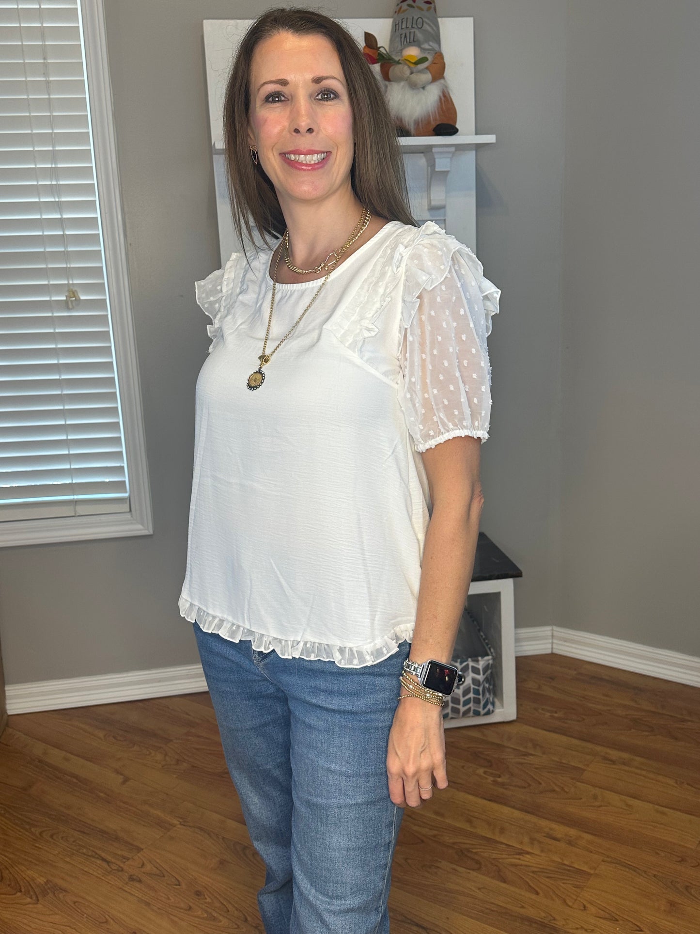 Mesh Polka Dot Puff Sleeve Top with Ruffle Trim Shoulder