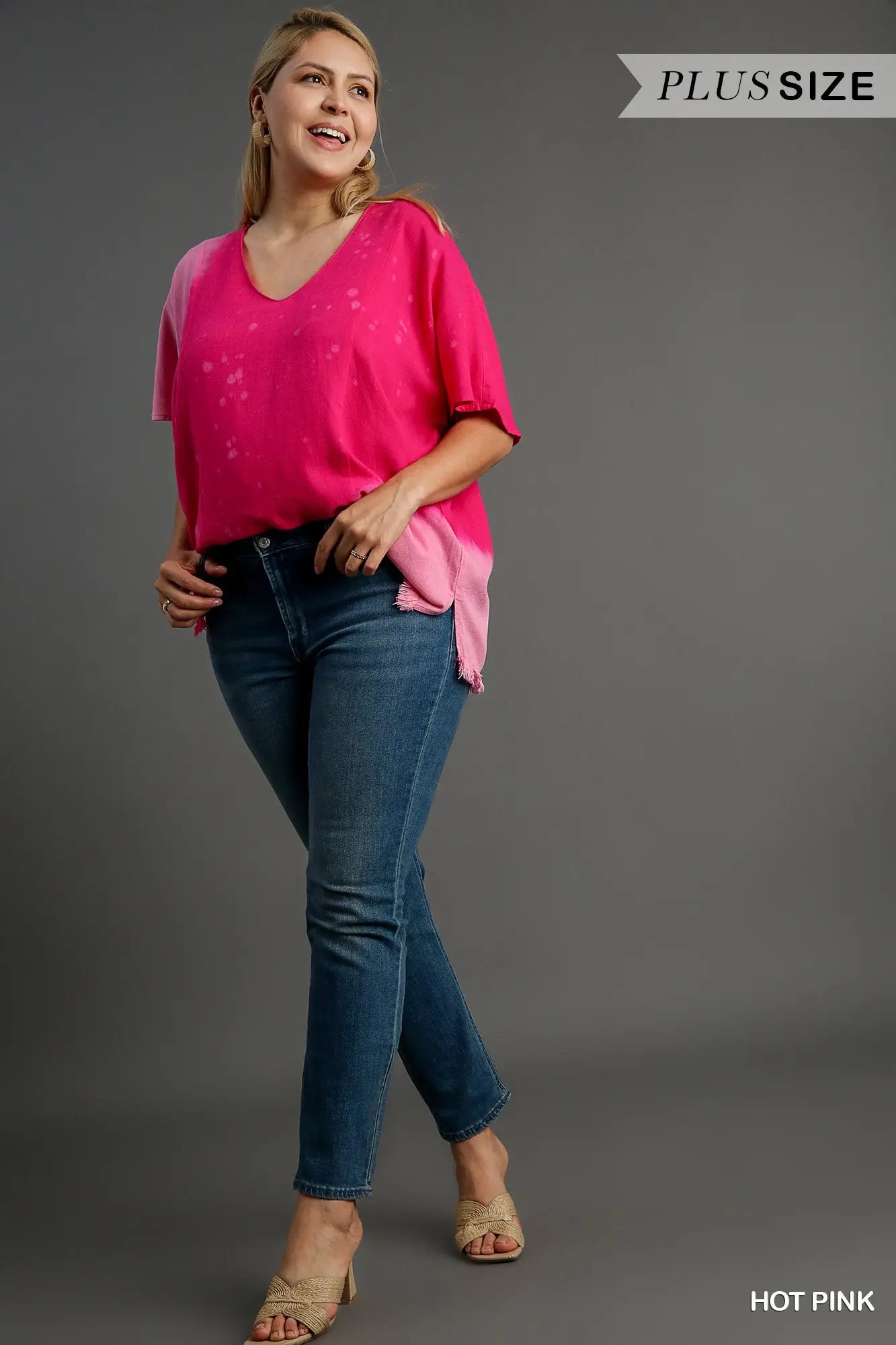 Linen Blend Bleach Dip Dye V-Neck Top with Fringe Hems
