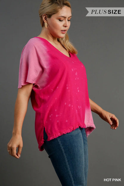 Linen Blend Bleach Dip Dye V-Neck Top with Fringe Hems