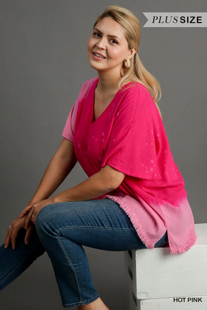 Linen Blend Bleach Dip Dye V-Neck Top with Fringe Hems