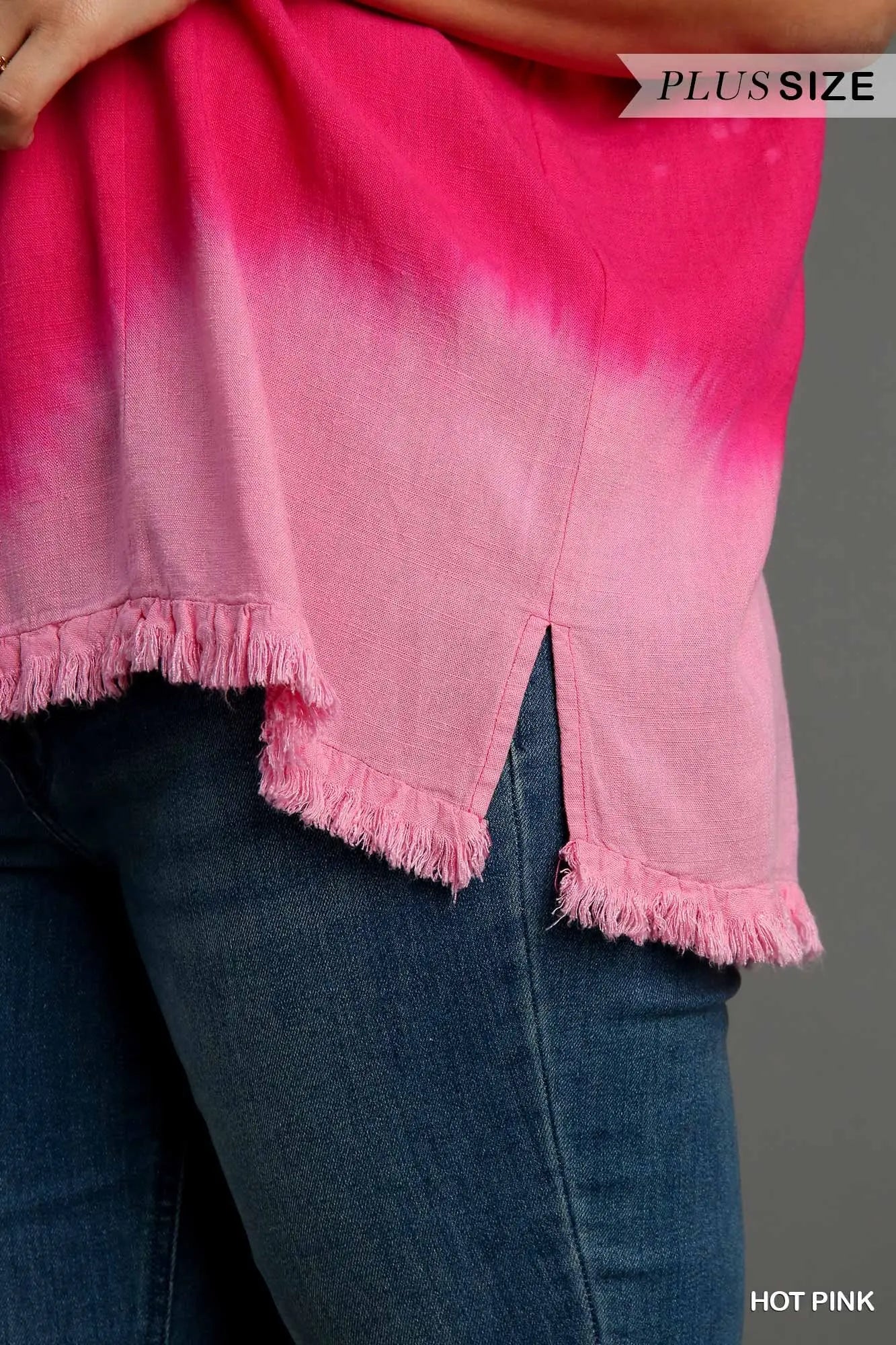 Linen Blend Bleach Dip Dye V-Neck Top with Fringe Hems