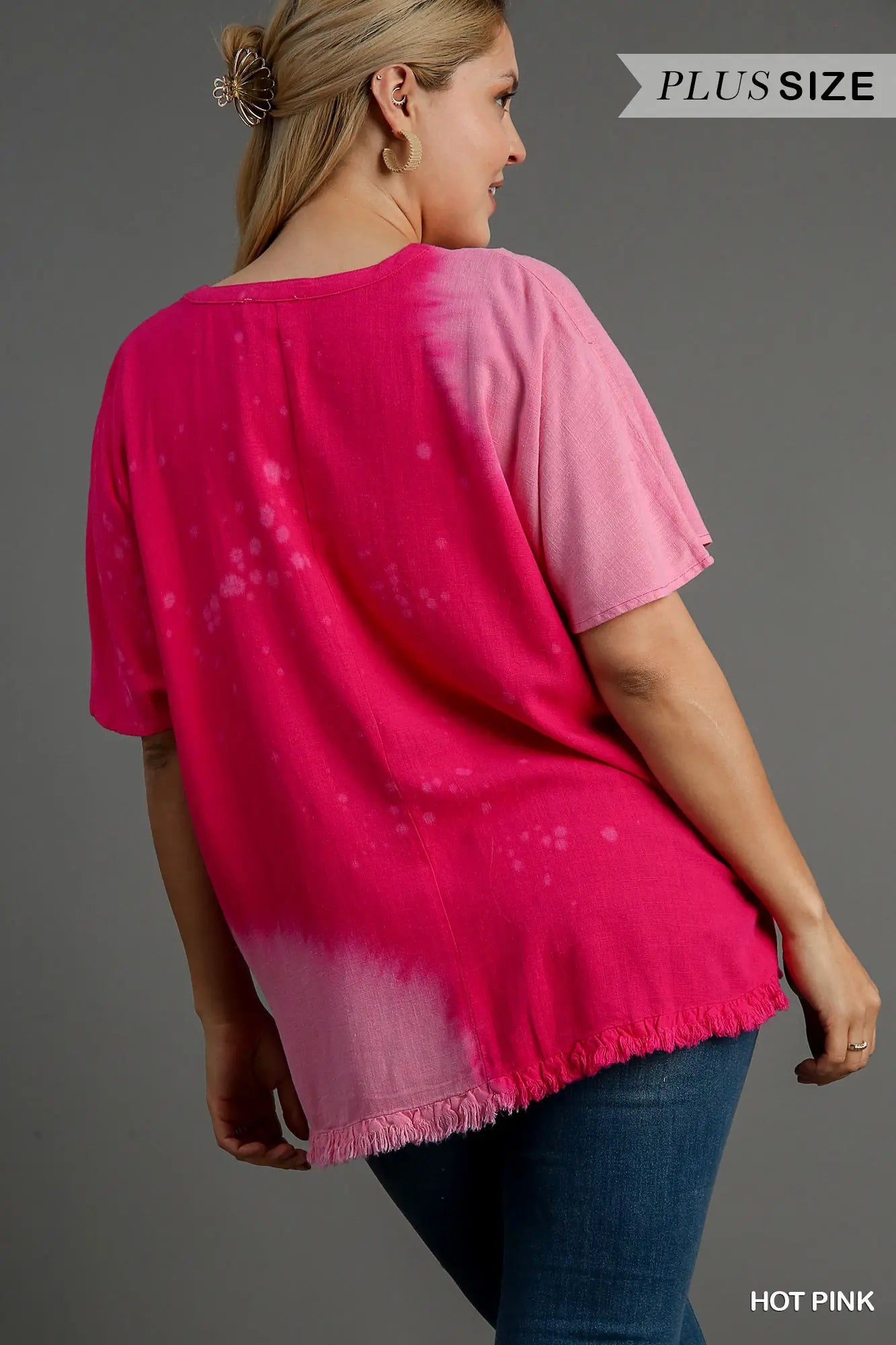 Linen Blend Bleach Dip Dye V-Neck Top with Fringe Hems