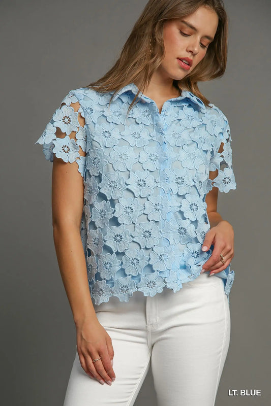 Lt. Blue Floral Lace Collared Top