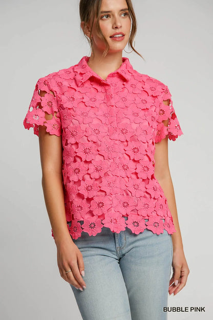 Bubble Pink Floral Lace Collared Top