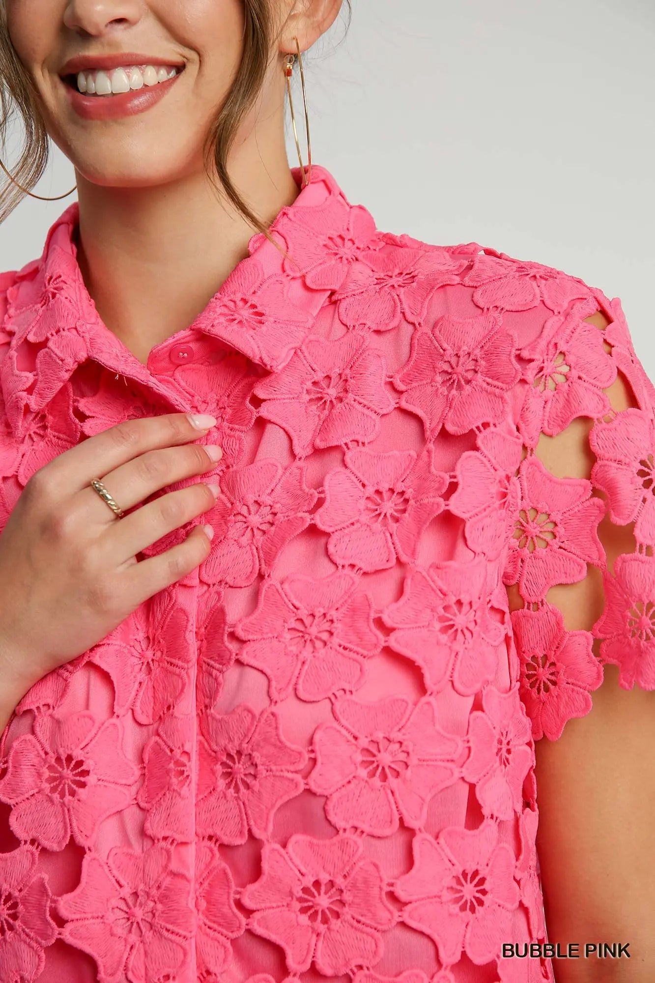 Bubble Pink Floral Lace Collared Top