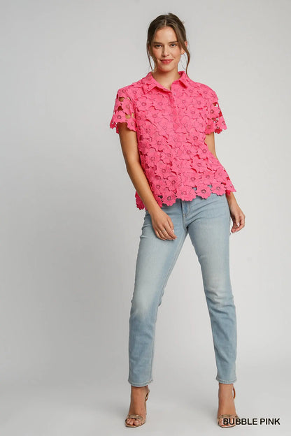 Bubble Pink Floral Lace Collared Top