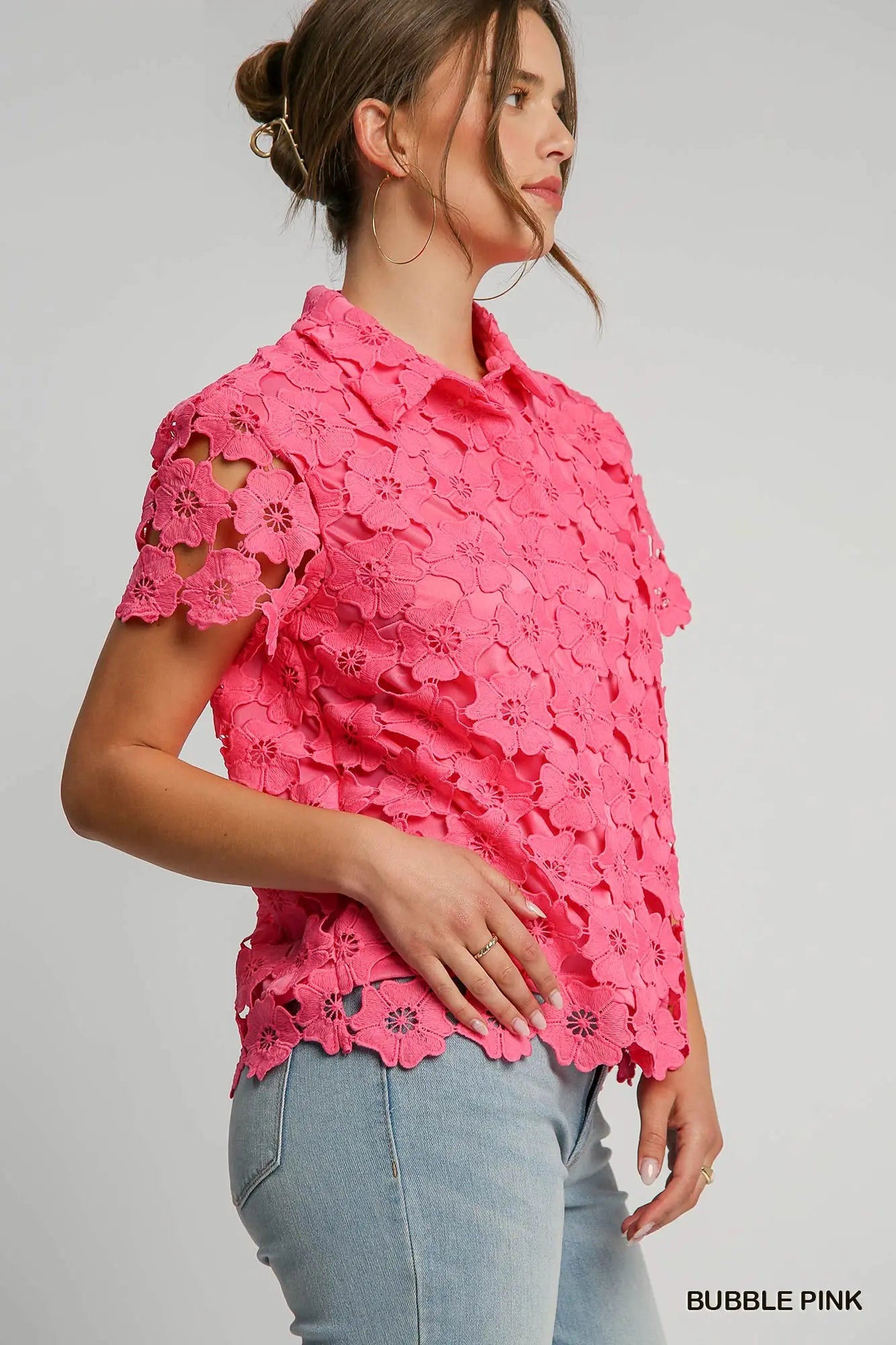Bubble Pink Floral Lace Collared Top
