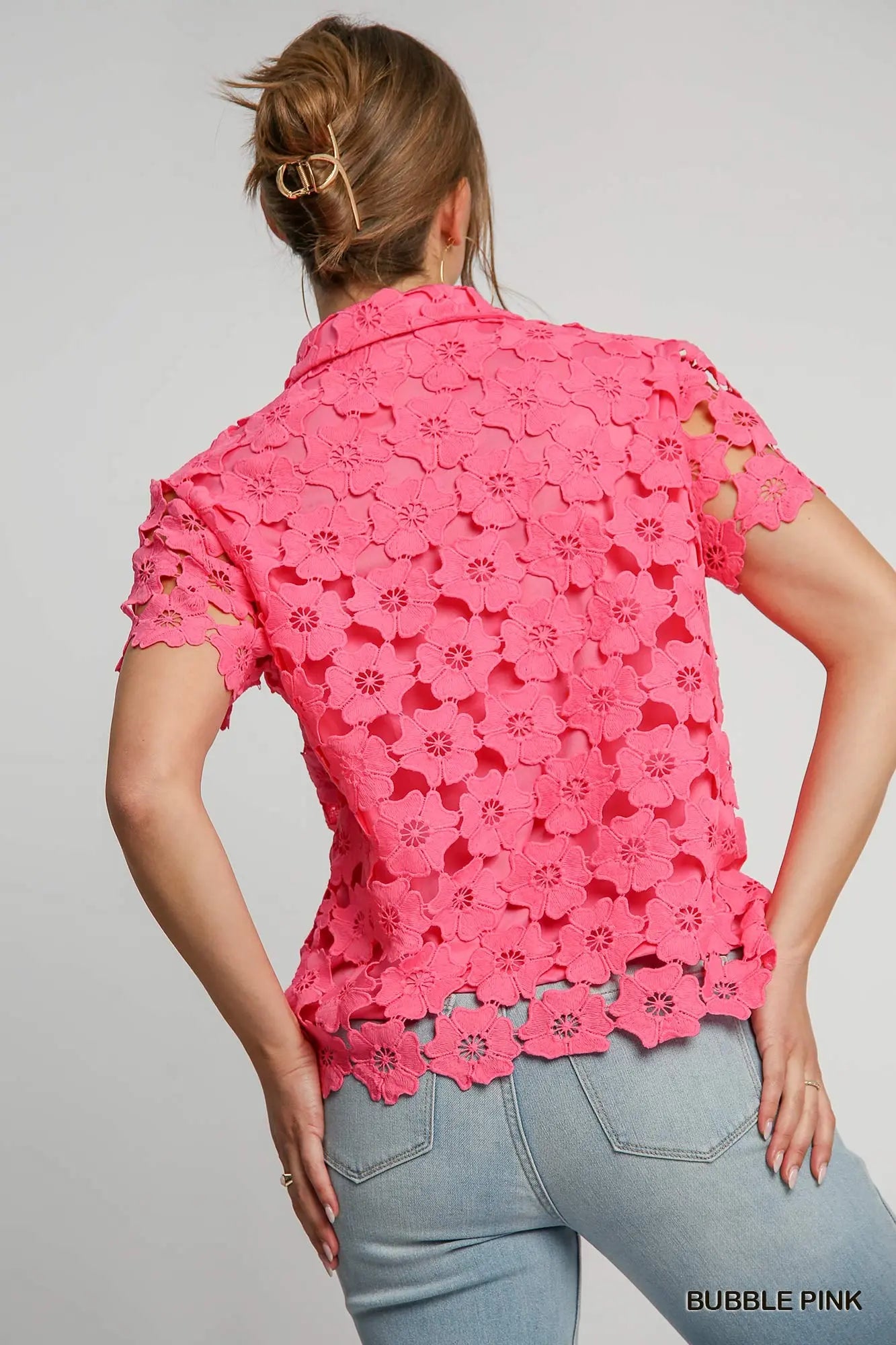 Bubble Pink Floral Lace Collared Top
