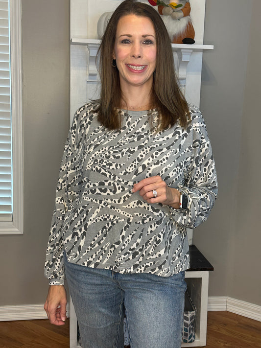 Grey French Terry Animal Print Round Neck Long Sleeve Top