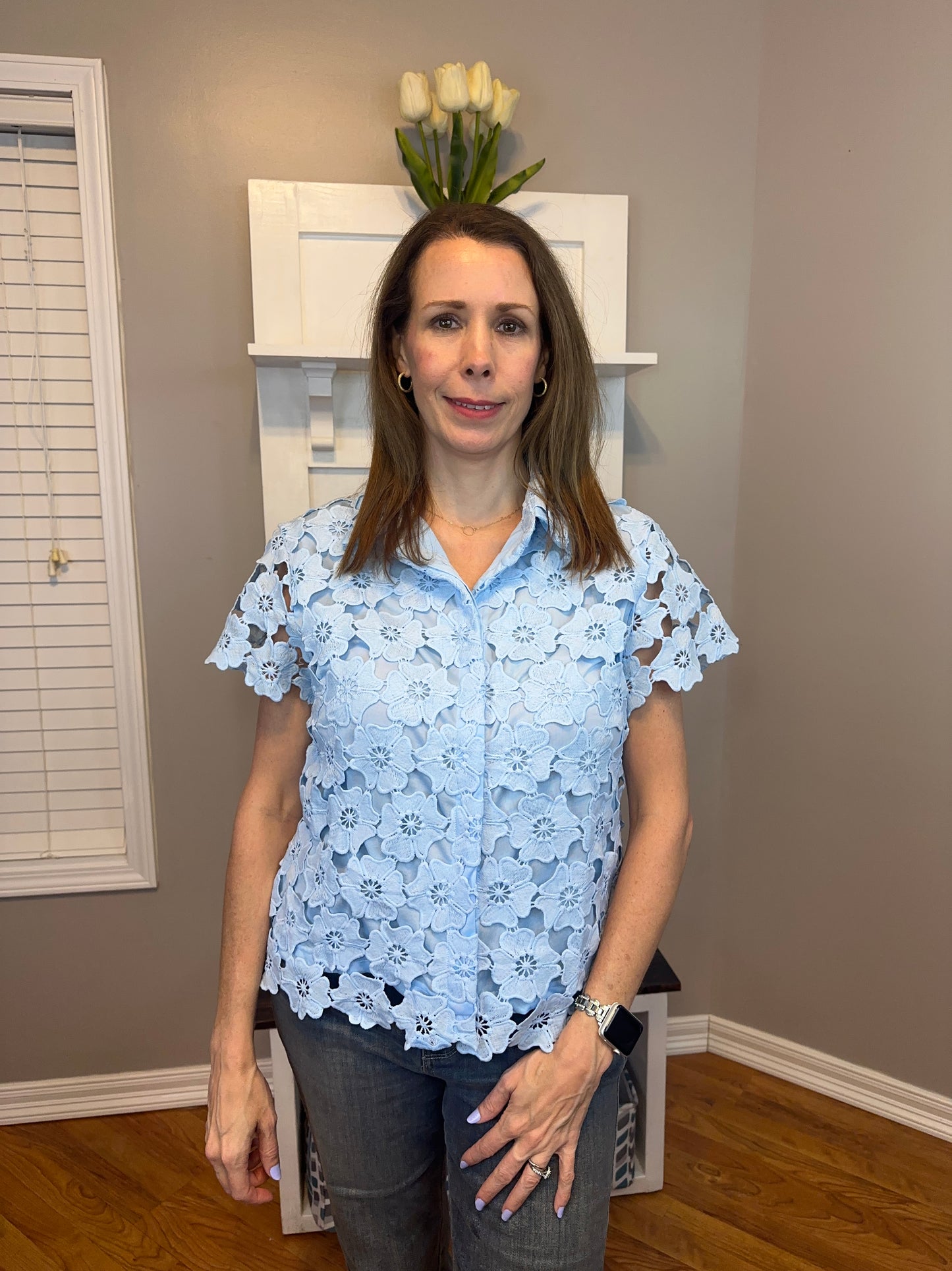 Lt. Blue Floral Lace Collared Top