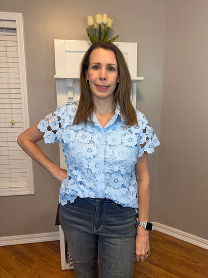 Lt. Blue Floral Lace Collared Top