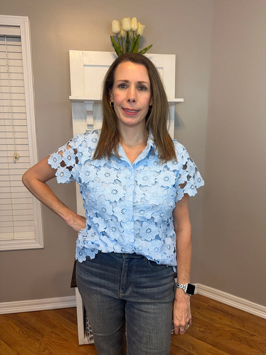 Lt. Blue Floral Lace Collared Top