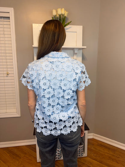 Lt. Blue Floral Lace Collared Top