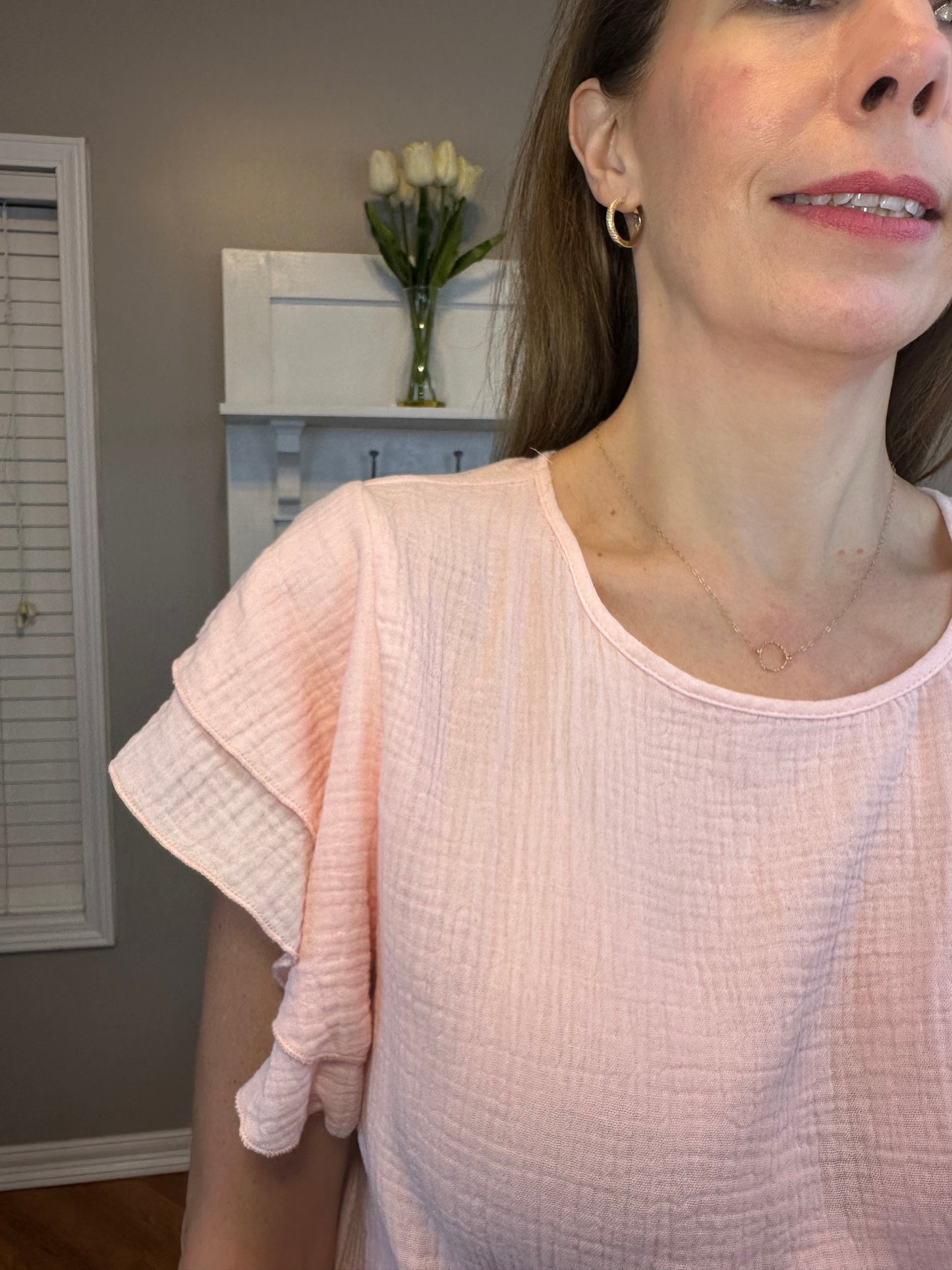 Pink Textured Tiered Ruffled Short Sleeve Bouse