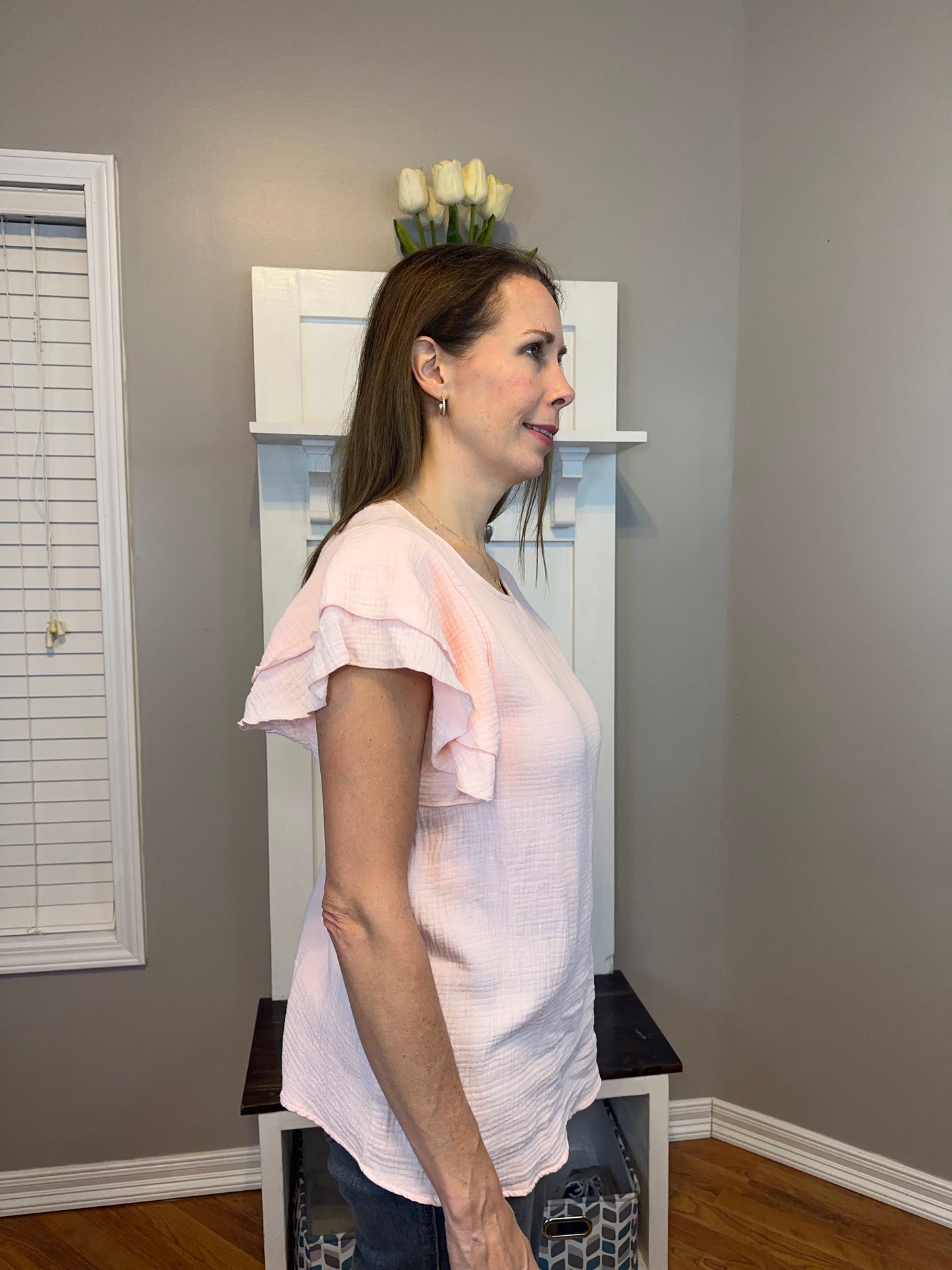Pink Textured Tiered Ruffled Short Sleeve Bouse