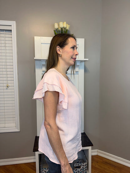 Pink Textured Tiered Ruffled Short Sleeve Bouse