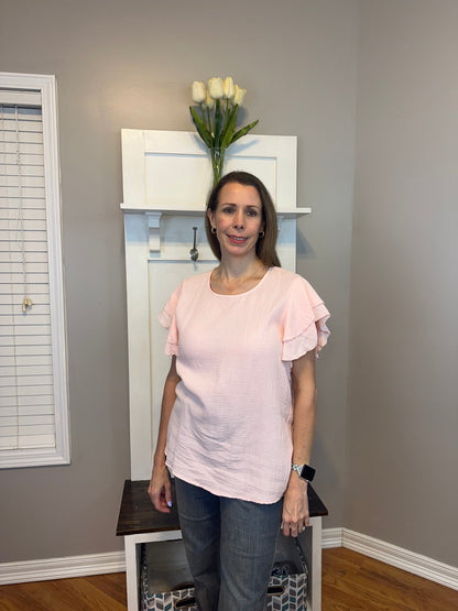 Pink Textured Tiered Ruffled Short Sleeve Bouse