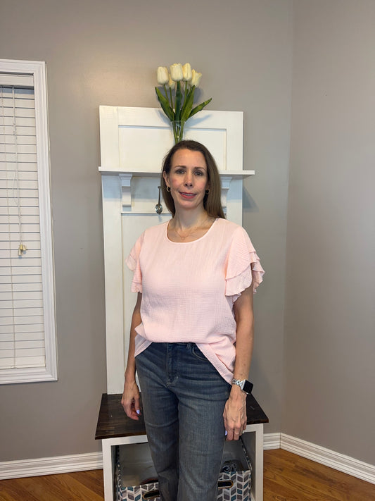 Pink Textured Tiered Ruffled Short Sleeve Bouse