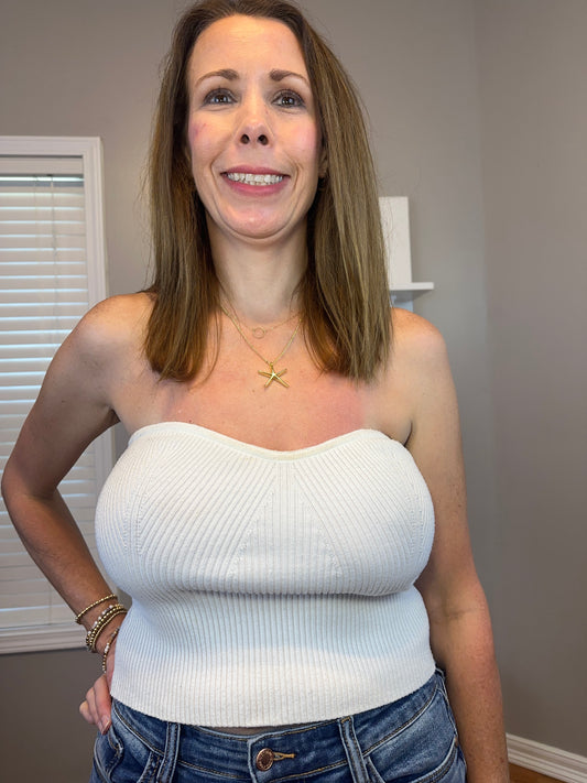 White strapless sweater knit tube top