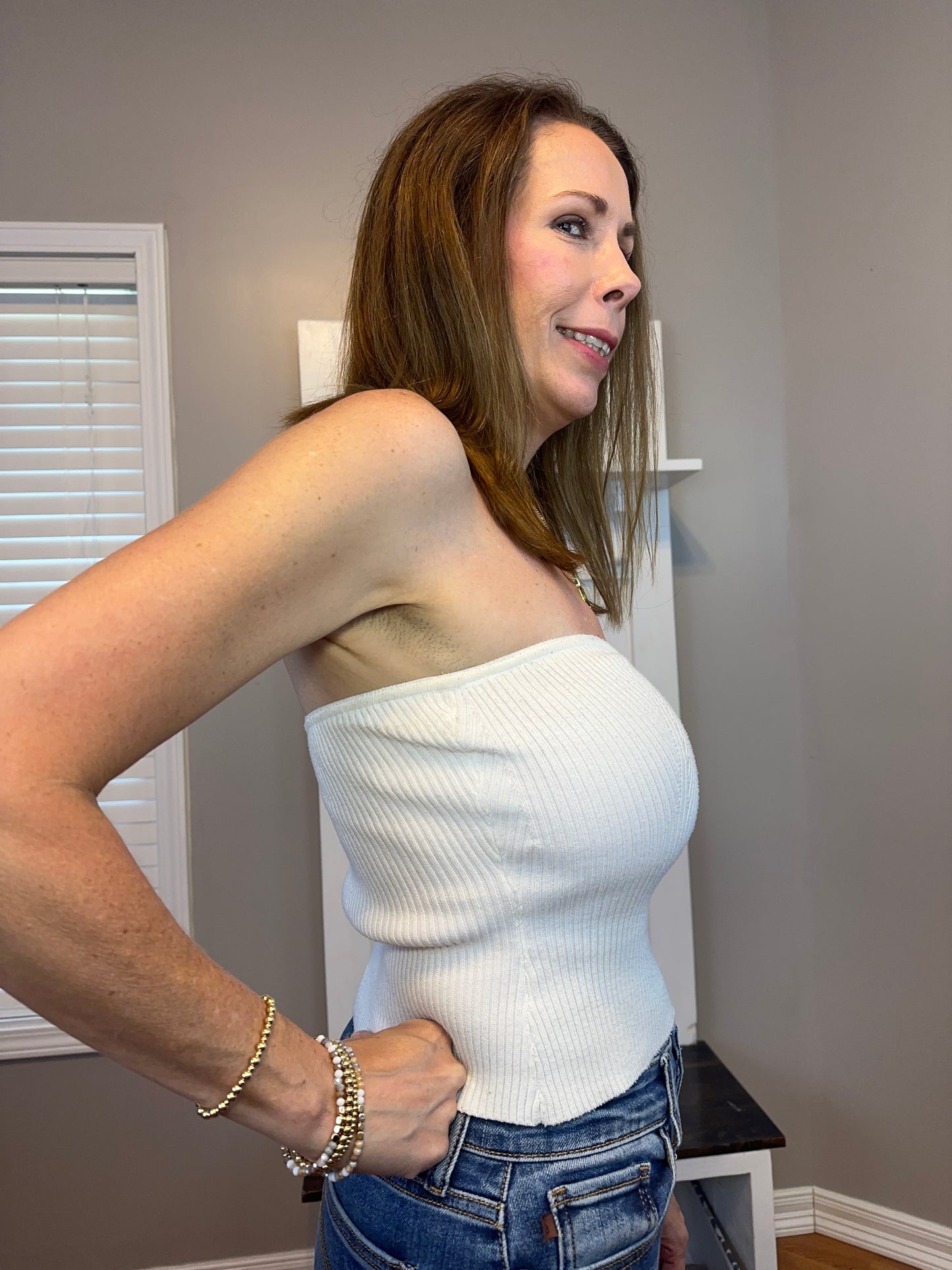 White strapless sweater knit tube top