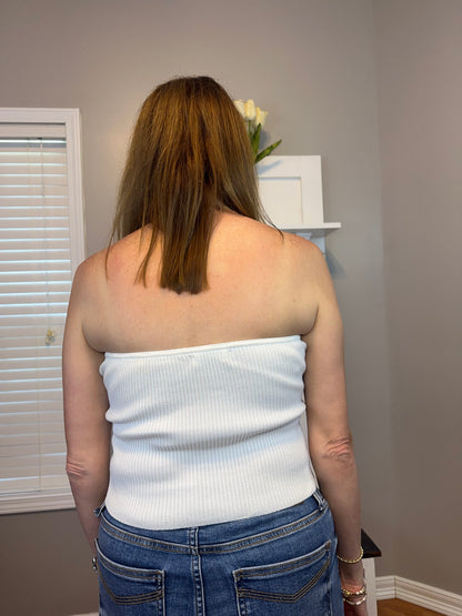 White strapless sweater knit tube top