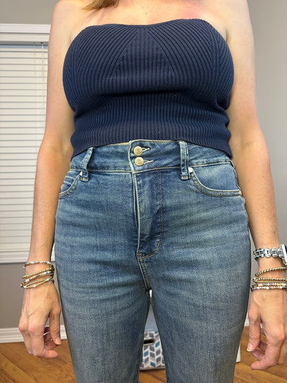 Navy strapless sweater knit tube top