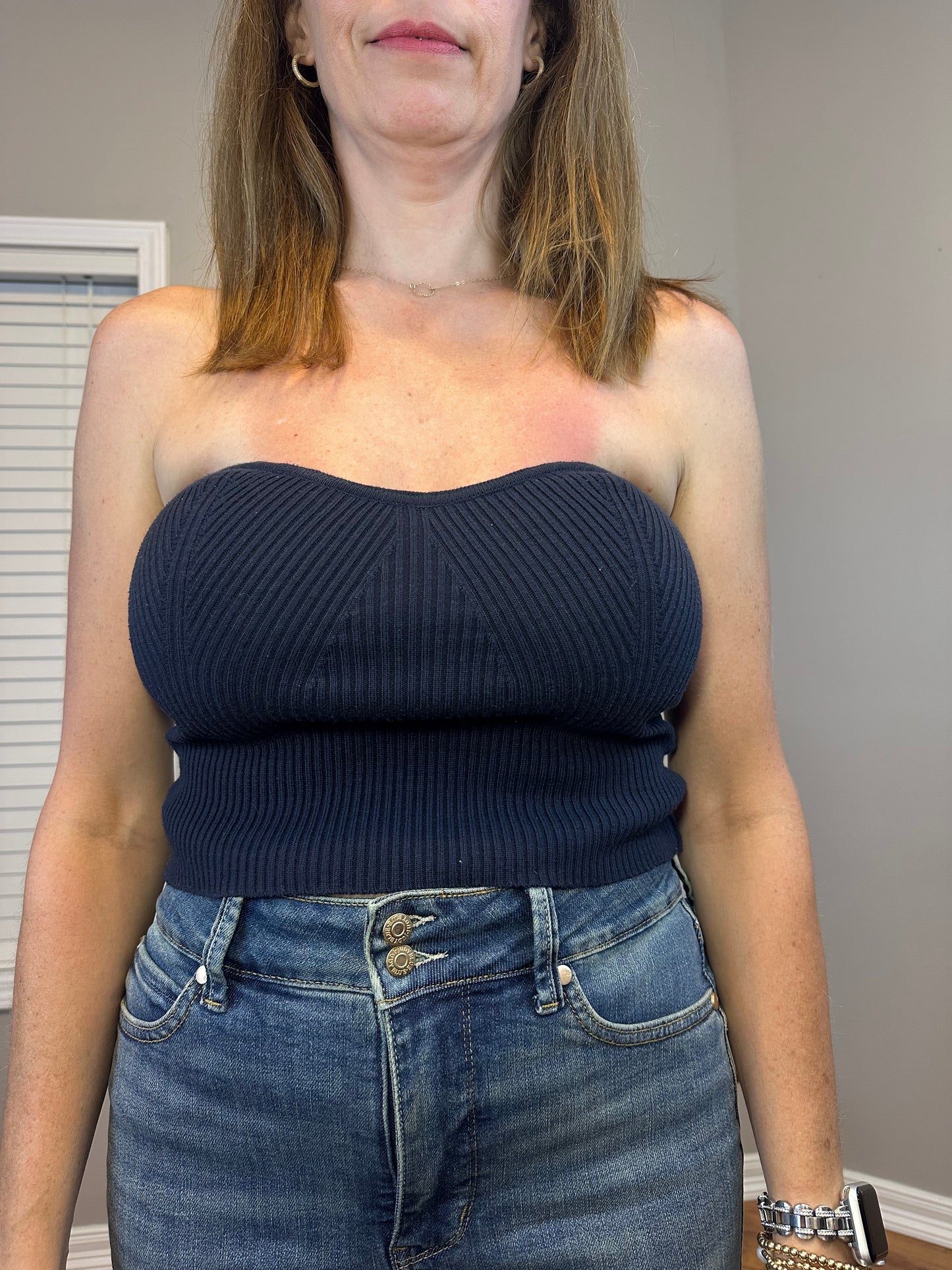 Navy strapless sweater knit tube top