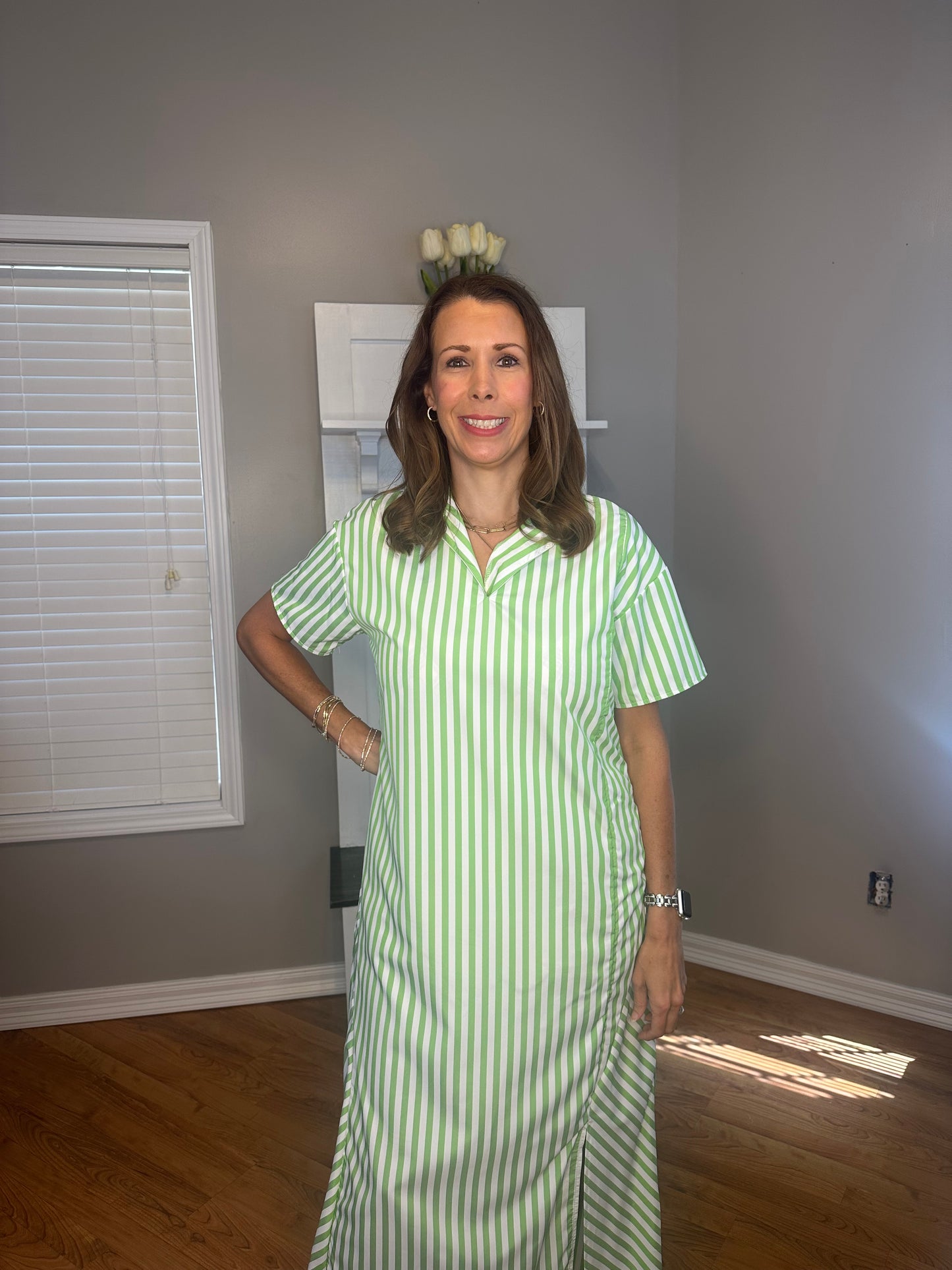 Striped High Slit Maxi Shirt Dress
