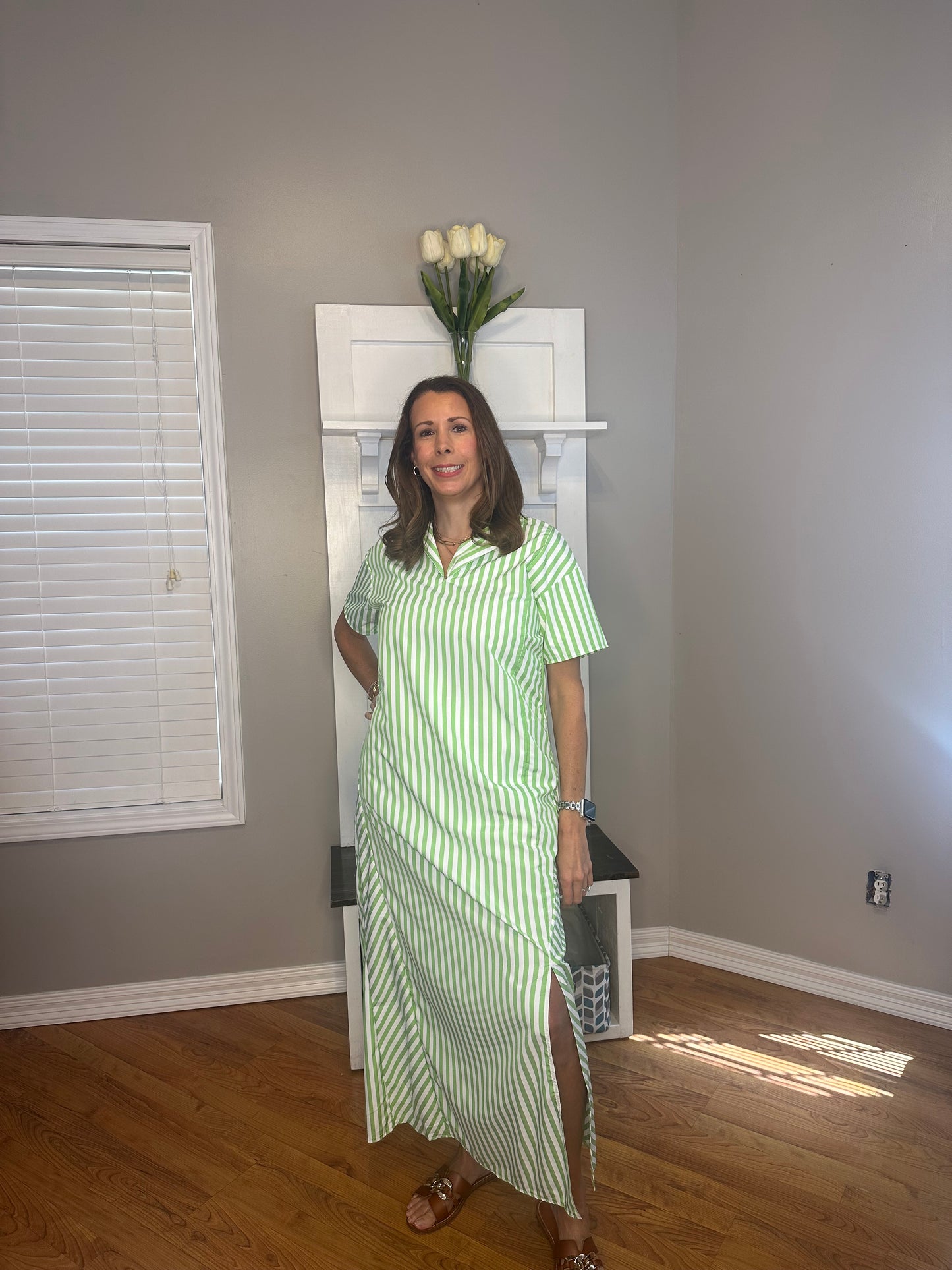 Striped High Slit Maxi Shirt Dress