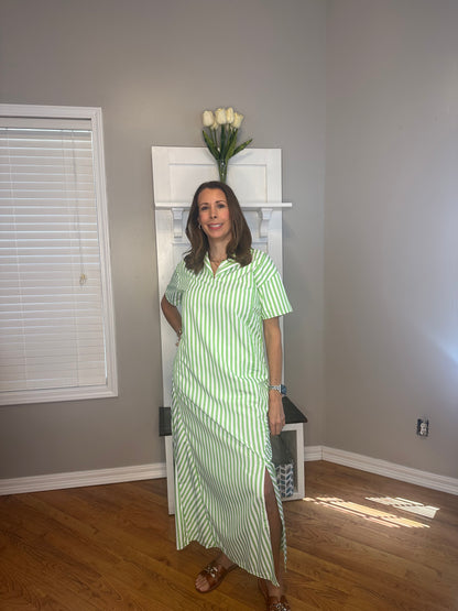 Striped High Slit Maxi Shirt Dress