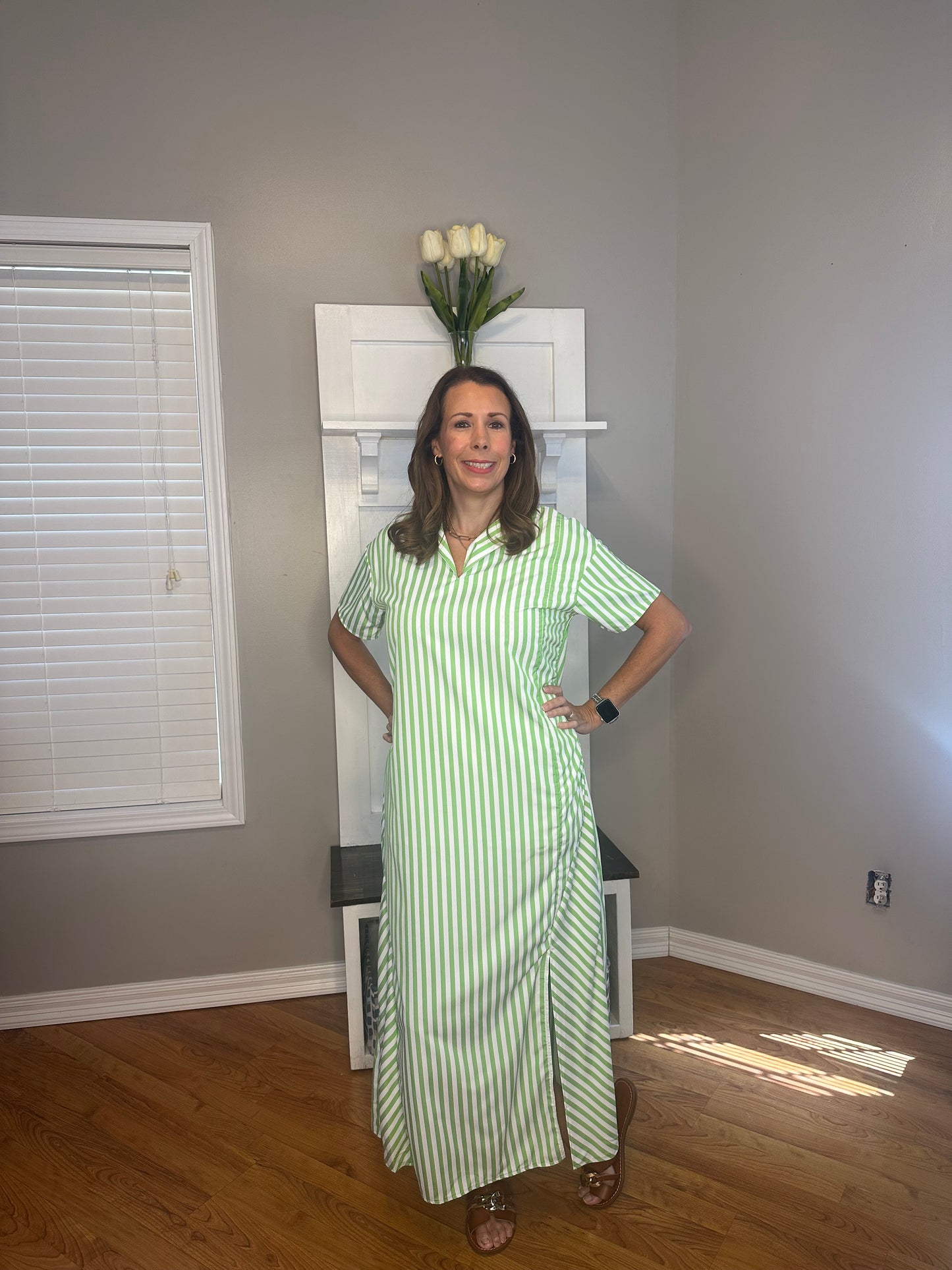 Striped High Slit Maxi Shirt Dress
