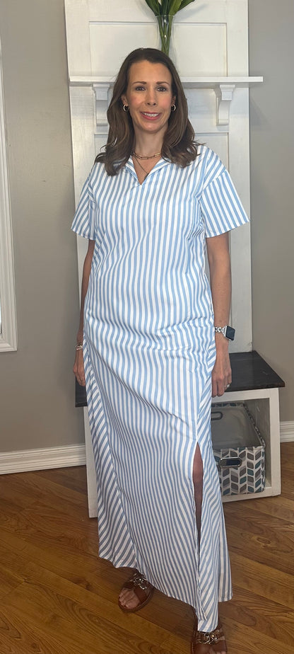 Striped High Slit Maxi Shirt Dress