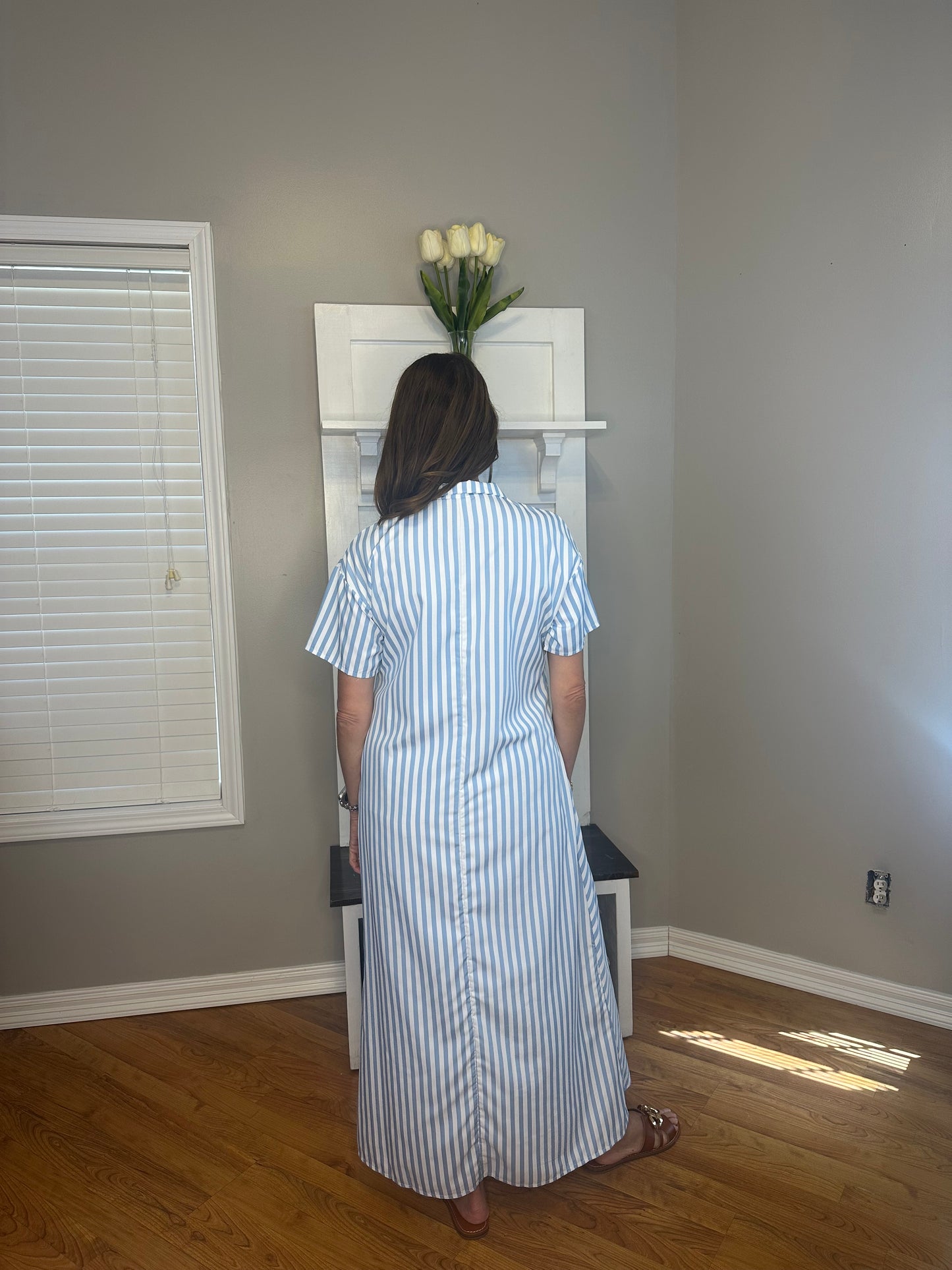 Striped High Slit Maxi Shirt Dress