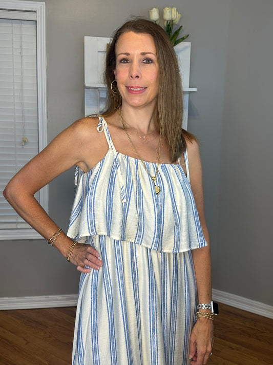SO ME Stripe Tiered Shoulder Tie Midi Lined Dress