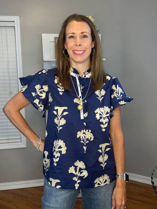 Umgee Floral Ruffle Sleeve Split-Neck Top