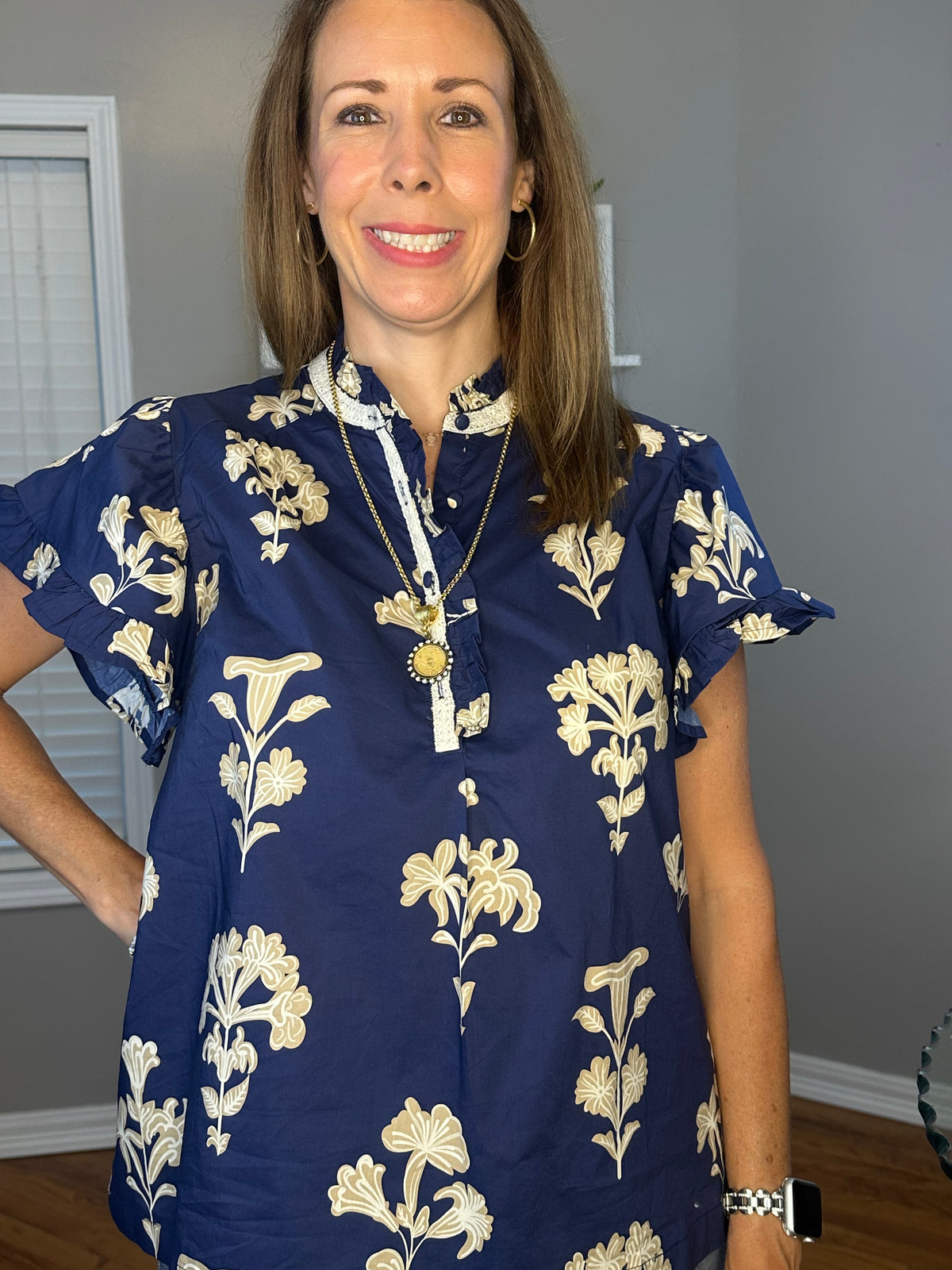 Umgee Floral Ruffle Sleeve Split-Neck Top