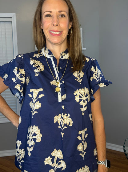 Umgee Floral Ruffle Sleeve Split-Neck Top