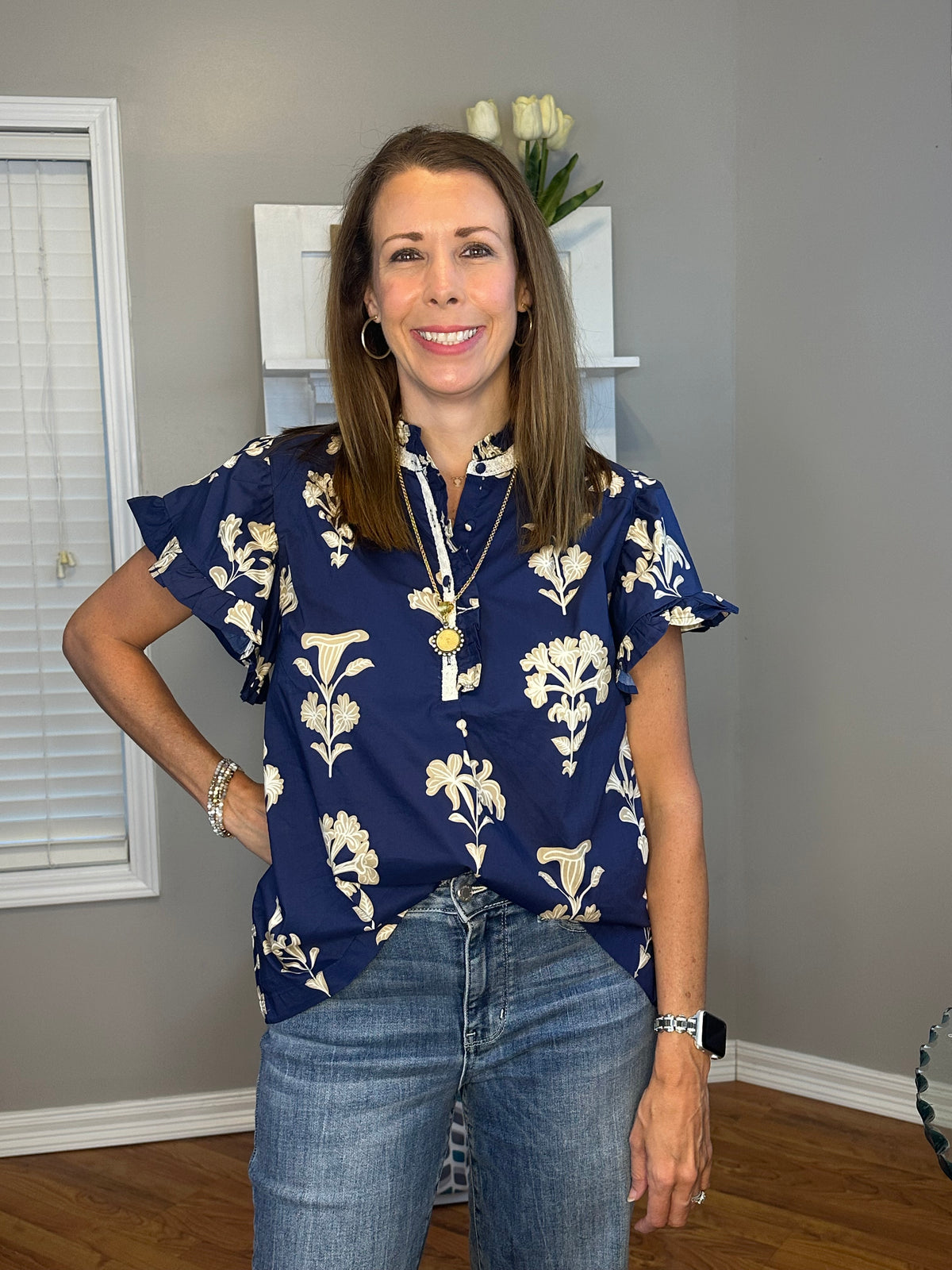 Umgee Floral Ruffle Sleeve Split-Neck Top