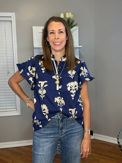 Umgee Floral Ruffle Sleeve Split-Neck Top