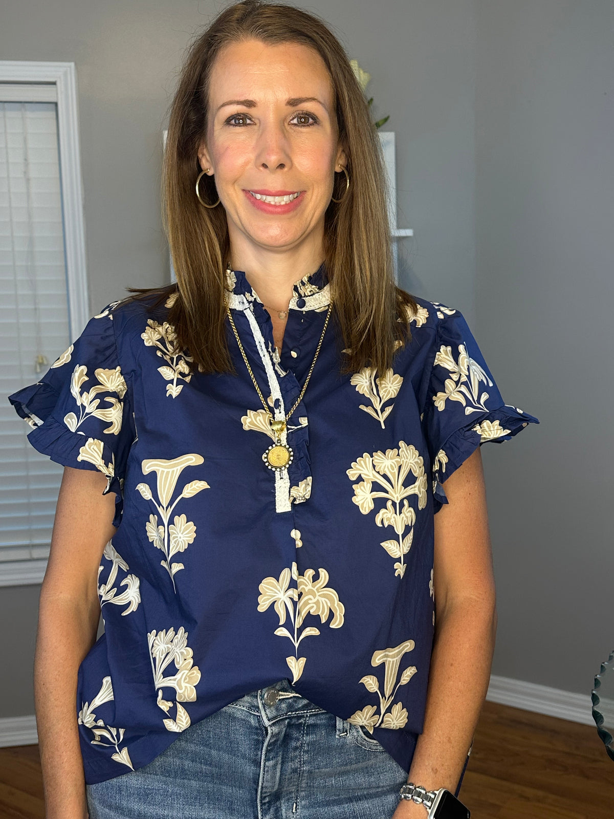 Umgee Floral Ruffle Sleeve Split-Neck Top