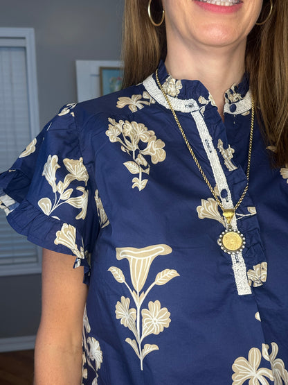 Umgee Floral Ruffle Sleeve Split-Neck Top