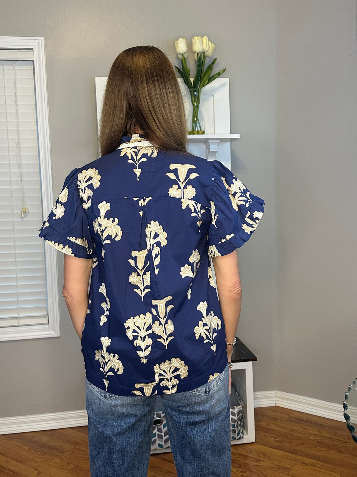 Umgee Floral Ruffle Sleeve Split-Neck Top