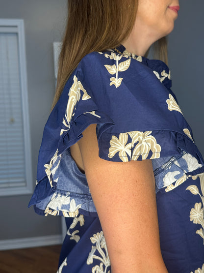 Umgee Floral Ruffle Sleeve Split-Neck Top