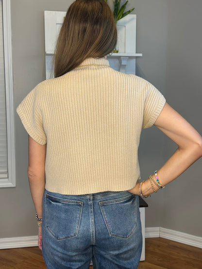 Solid knitted mock neck cropped top featuring single pocket detail.