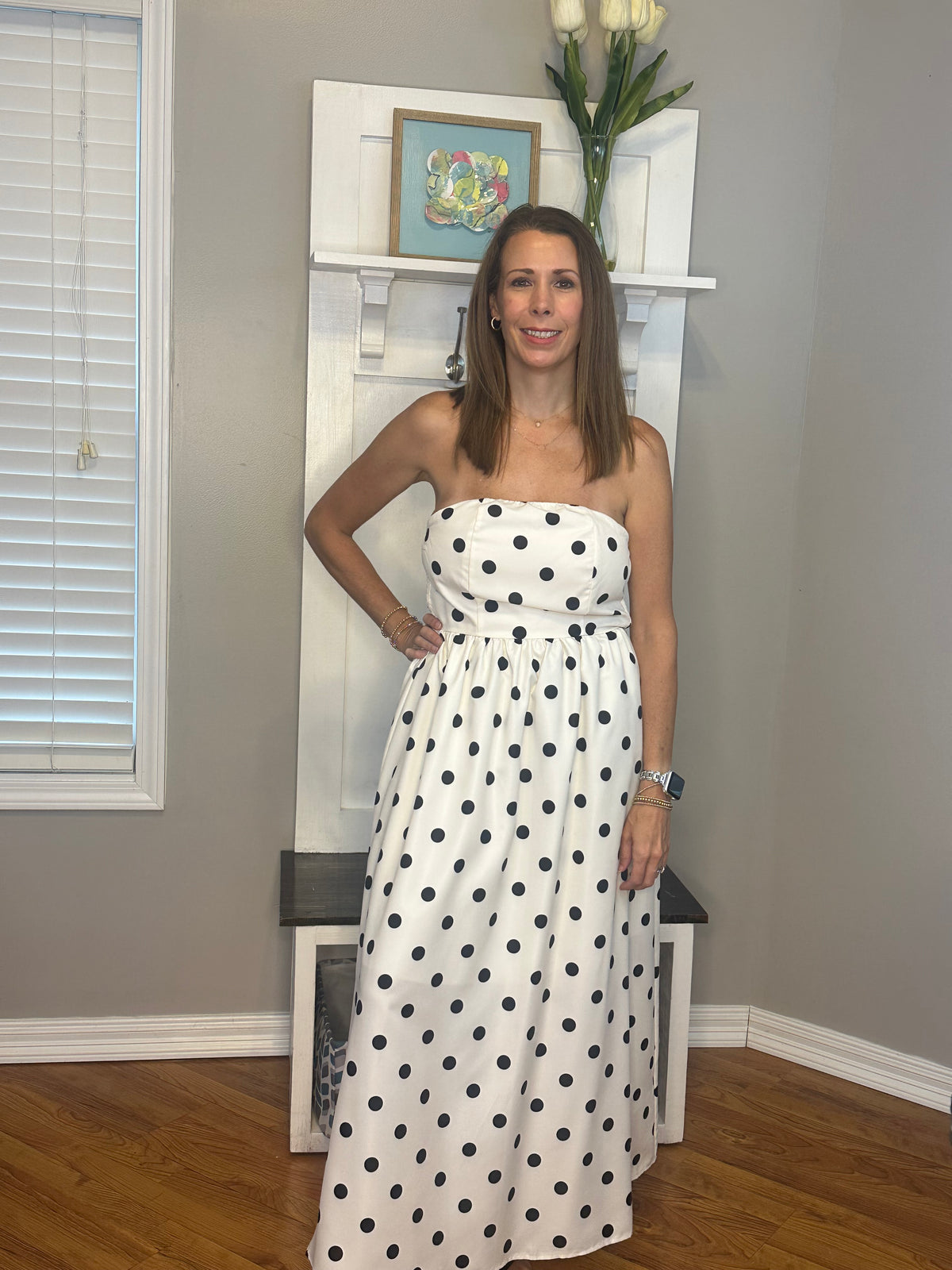 Polka Dot Strapless Midi Dress
