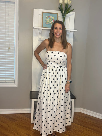 Polka Dot Strapless Midi Dress