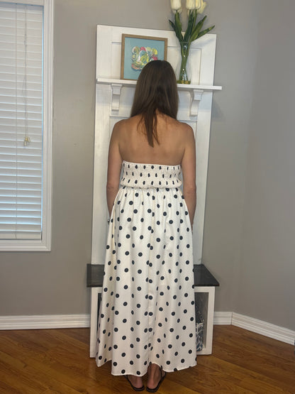 Polka Dot Strapless Midi Dress